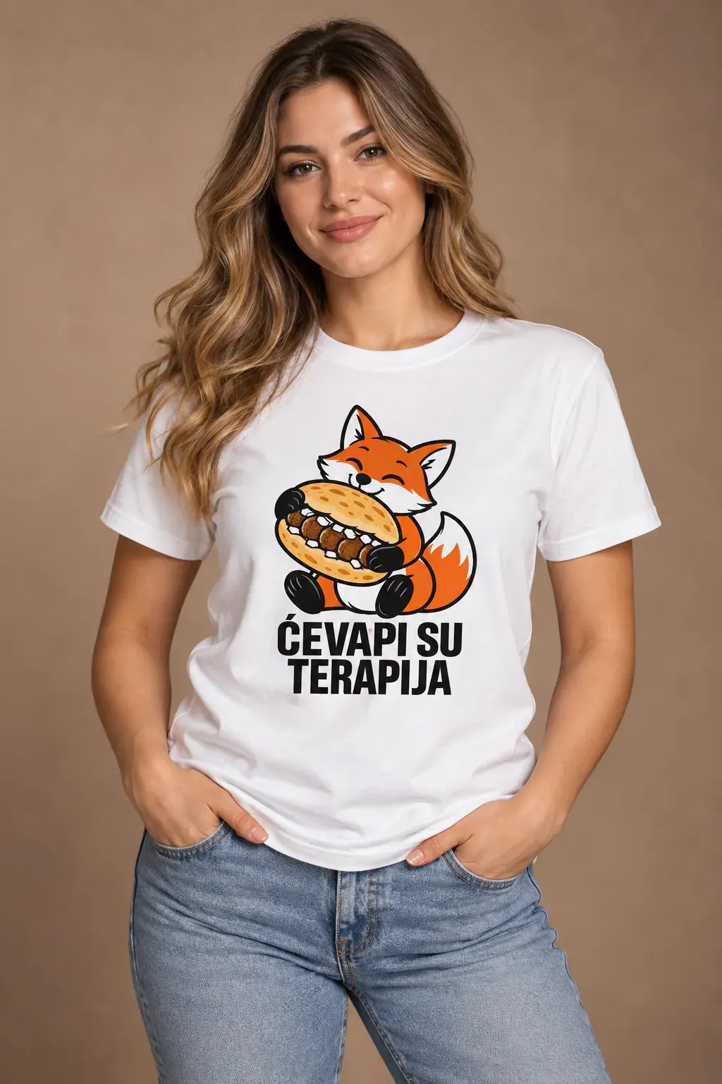 Ćevapi su terapija · Majica, bijela boja — hands pockets