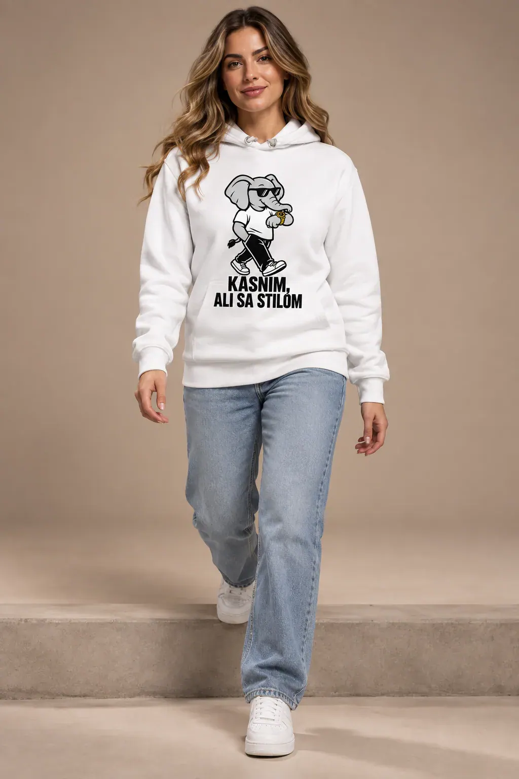 Kasnim, ali sa stilom · Duks, ali sa stilom · Duks, bijela boja — step down