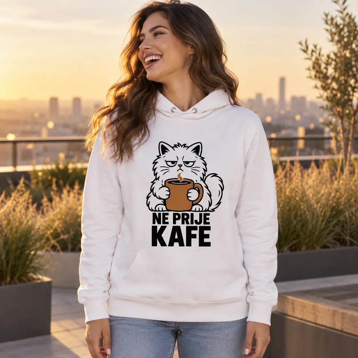 Ne prije kafe · Duks, bijela boja — laugh away