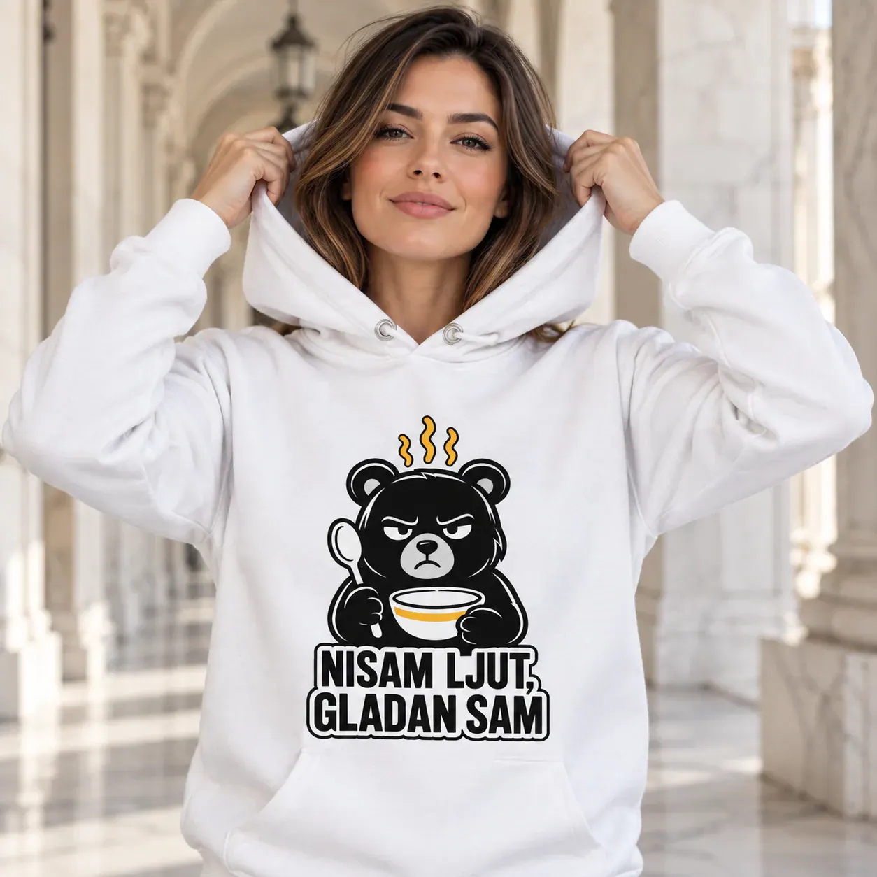 Nisam ljut, gladan sam · Duks, gladan sam · Duks, bijela boja — hood up