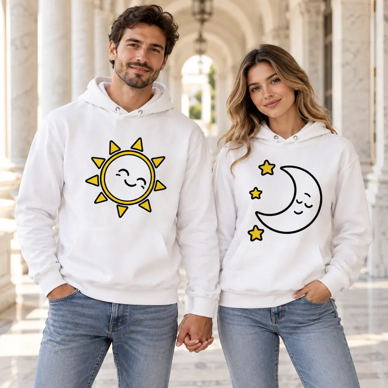 Sunce i mjesec · Duks, bijela boja — hand hold walk
