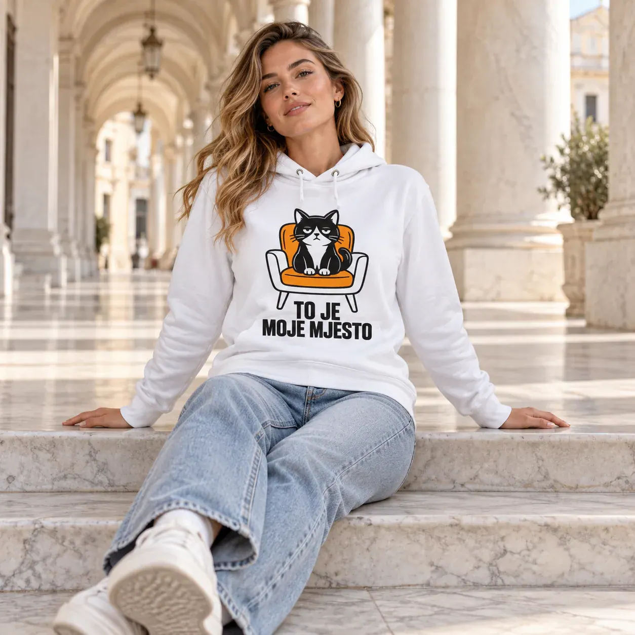 To je moje mjesto · Duks, bijela boja — sit steps