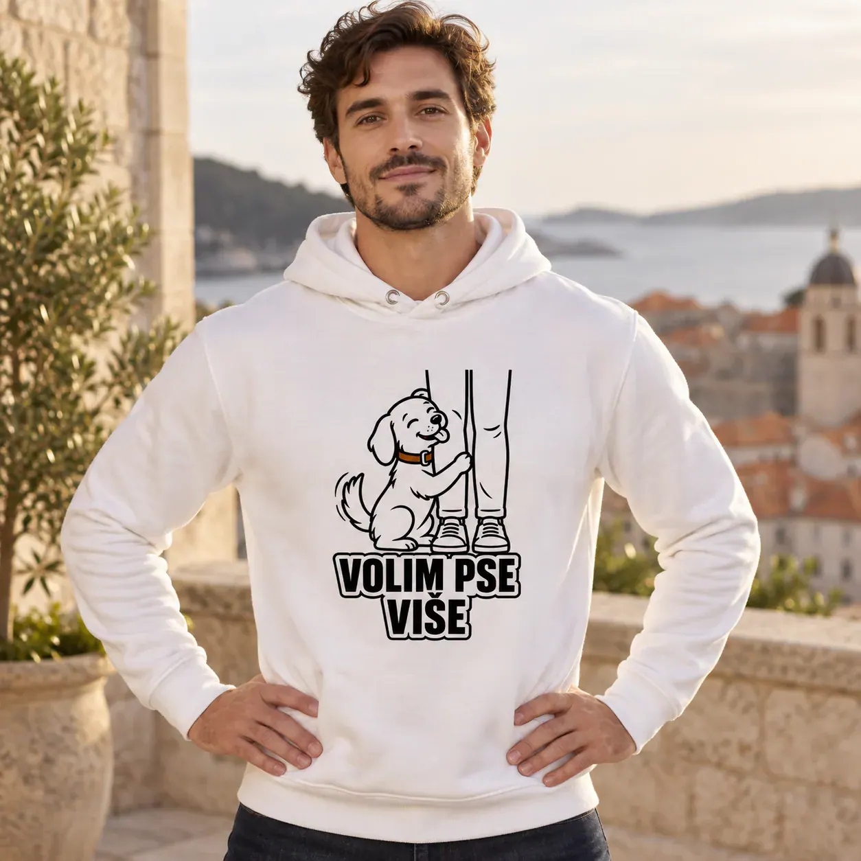 Volim pse više · Duks, bijela boja — hands hips