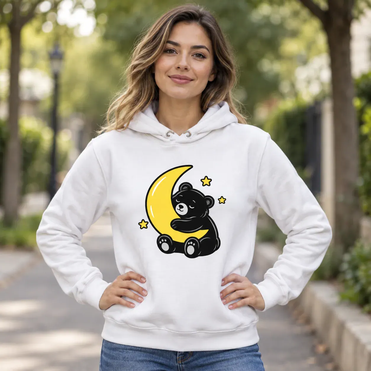 Zagrljaj s mjesecom · Duks, bijela boja — hands hips